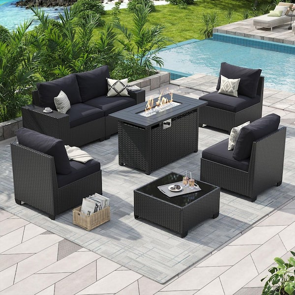 Black 7-Piece Wicker Rattan Patio Conversation Set with Fire Pit Sectional Seating with Black Cushions