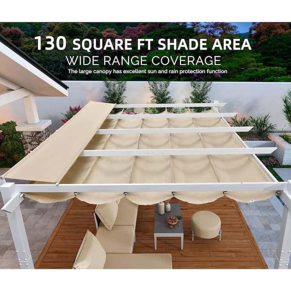 10 ft. x 13 ft. White Aluminum Frame Patio Pergola Gazebo with Beige Retractable Sunshade Canopy and Extra Top Roof