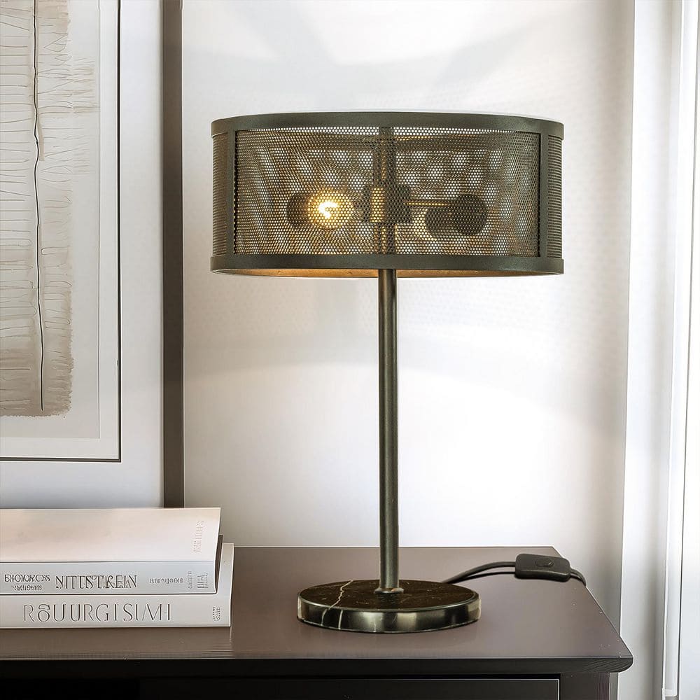 2-Light 20 in. Rustic Industrial Table Lamp in Matte Black with Metal Mesh 