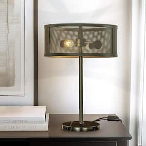 2-Light 20 in. Rustic Industrial Table Lamp in Matte Black with Metal Mesh Open Cage Lampshade and Marble Base