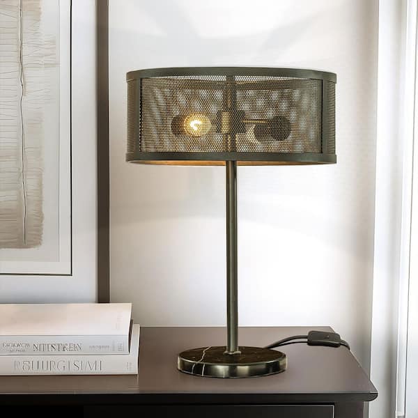 2-Light 20 in. Rustic Industrial Table Lamp in Matte Black with Metal Mesh Open Cage Lampshade and Marble Base