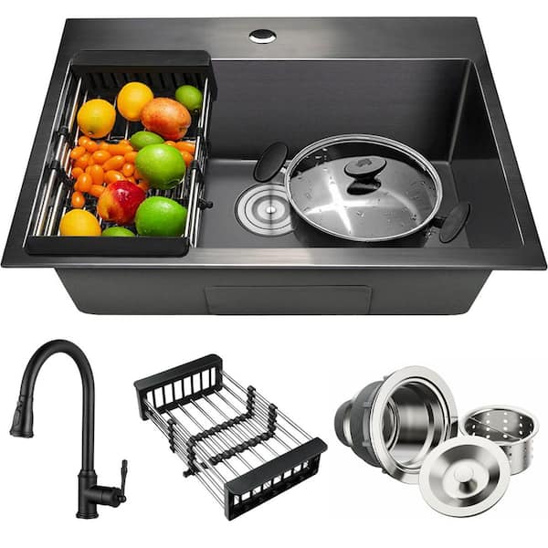 All-in-One Matte Black Finished Stainless Steel 25 in. x 22 in. Drop-In Single Bowl Kitchen Sink with Pull-Down Faucet