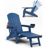 Mximu Navy Blue Outdoor Weather Resistant Folding Adirondack Chair with Integrated Pullout Ottoman and Cup Holder AJAOTM006