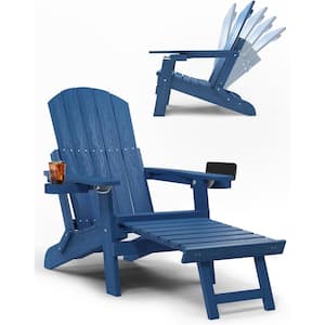 Navy Blue Outdoor Weather Resistant Folding Adirondack Chair with Integrated Pullout Ottoman and Cup Holder