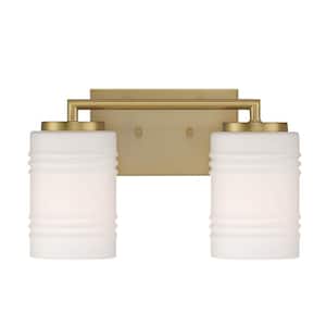 Leavenworth 14.5 in. 2-Light Brushed Gold Modern Vanity with Etched Opal Ribbed Glass Shades