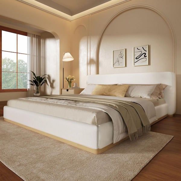 Enzo Modern White Plus Natural Upholstered Solid Wood Frame King Size Platform Bed with Headboard