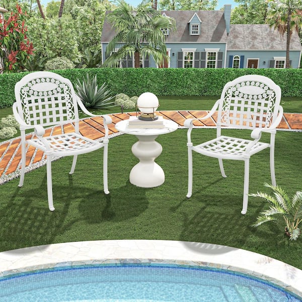 ANGELES HOME Rustproof Cast Aluminum Outdoor Dining Chairs in White with Stackable Design and Adjustable Foot Pads Set of 2