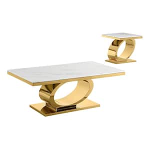 Megan 55 in. White Rectangle Marble Top Coffee Table Set with Gold Stainless Steel Base 2-Piece with End Table