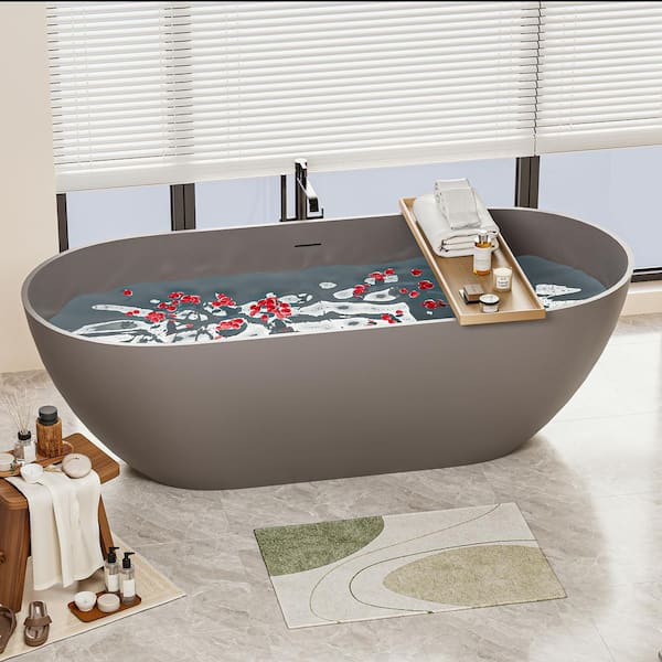 Xspracer Moray 63 in. x 30 in. Stone Resin Flatbottom Freestanding Double Slipper Soaking Bathtub in Matte Gray