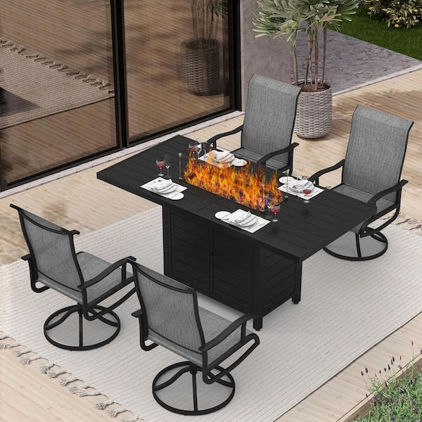 5-Piece Metal Patio Fire Pit Set with 4 Swivel Patio Chairs and Aluminum Gas Fire Table for Deck, Backyard