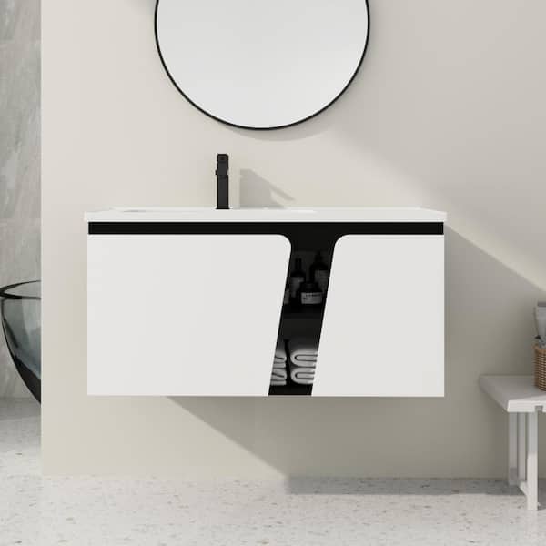 FAMYYT 40 in. W x 19.9 in. D x 20.1 in. H Single Sink Floating Bath Vanity in White with White Ceramic Top