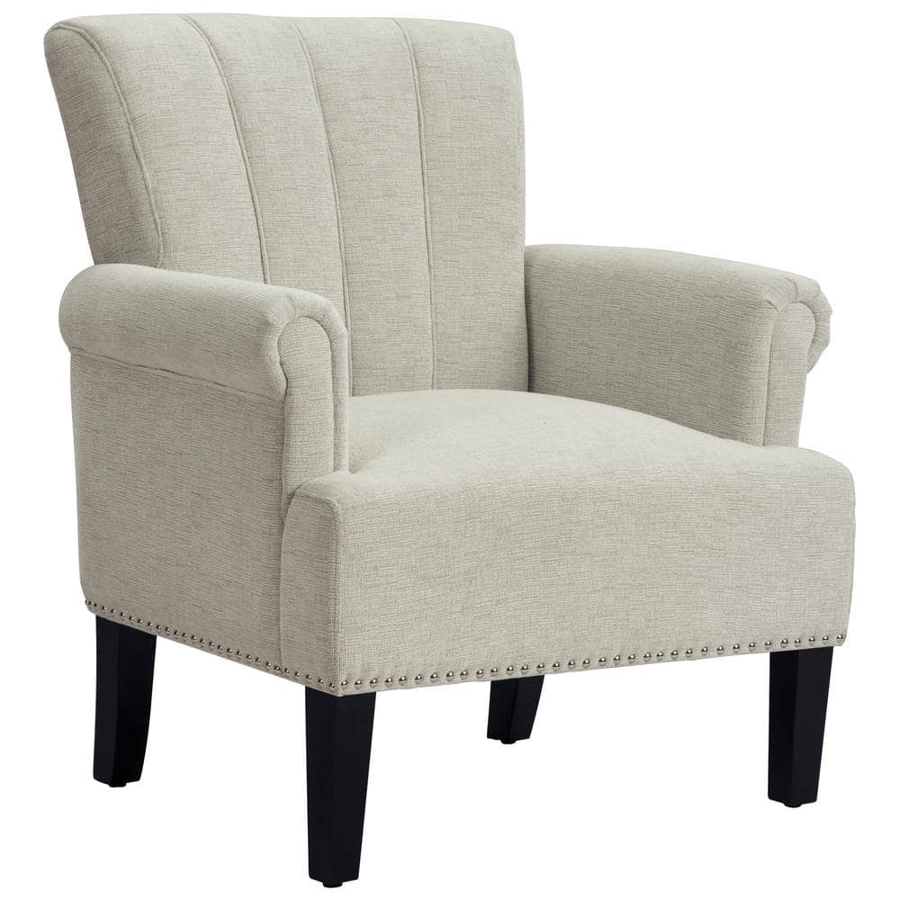 Cream Fabric Accent Tufted Arm Chair with Nailheads and Solid Wood Legs, Ivory