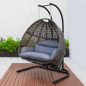 Black Wicker Patio Swing Double-Seat Swing Chair with Stand with Dust Blue Cushion