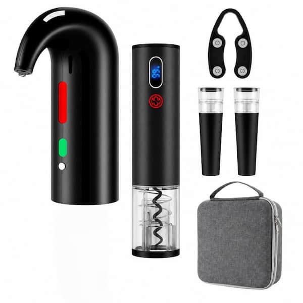 Black Electric Wine Bottle Opener Set with Wine Decanter, Aerator and Pourer, Stopper, Foil Cutter and Storage Bag