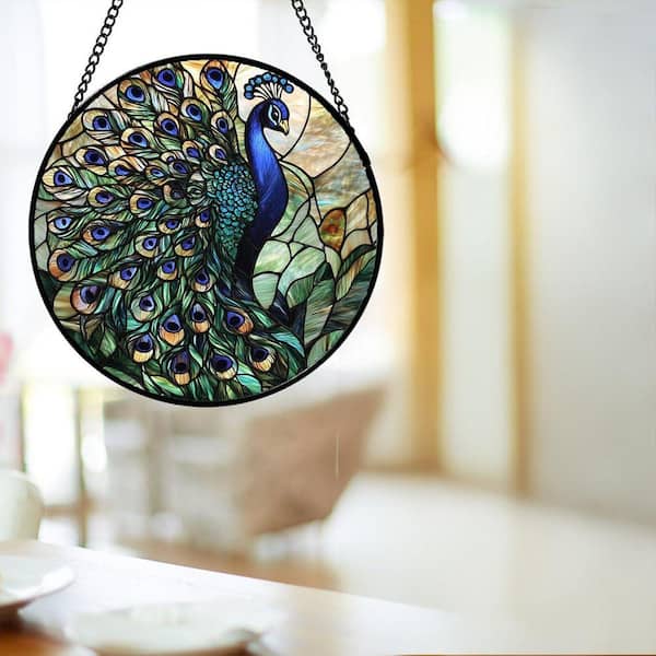 7.8x7.8 in. Stained Glass Window Hanging, Turquoise Peacock Sun