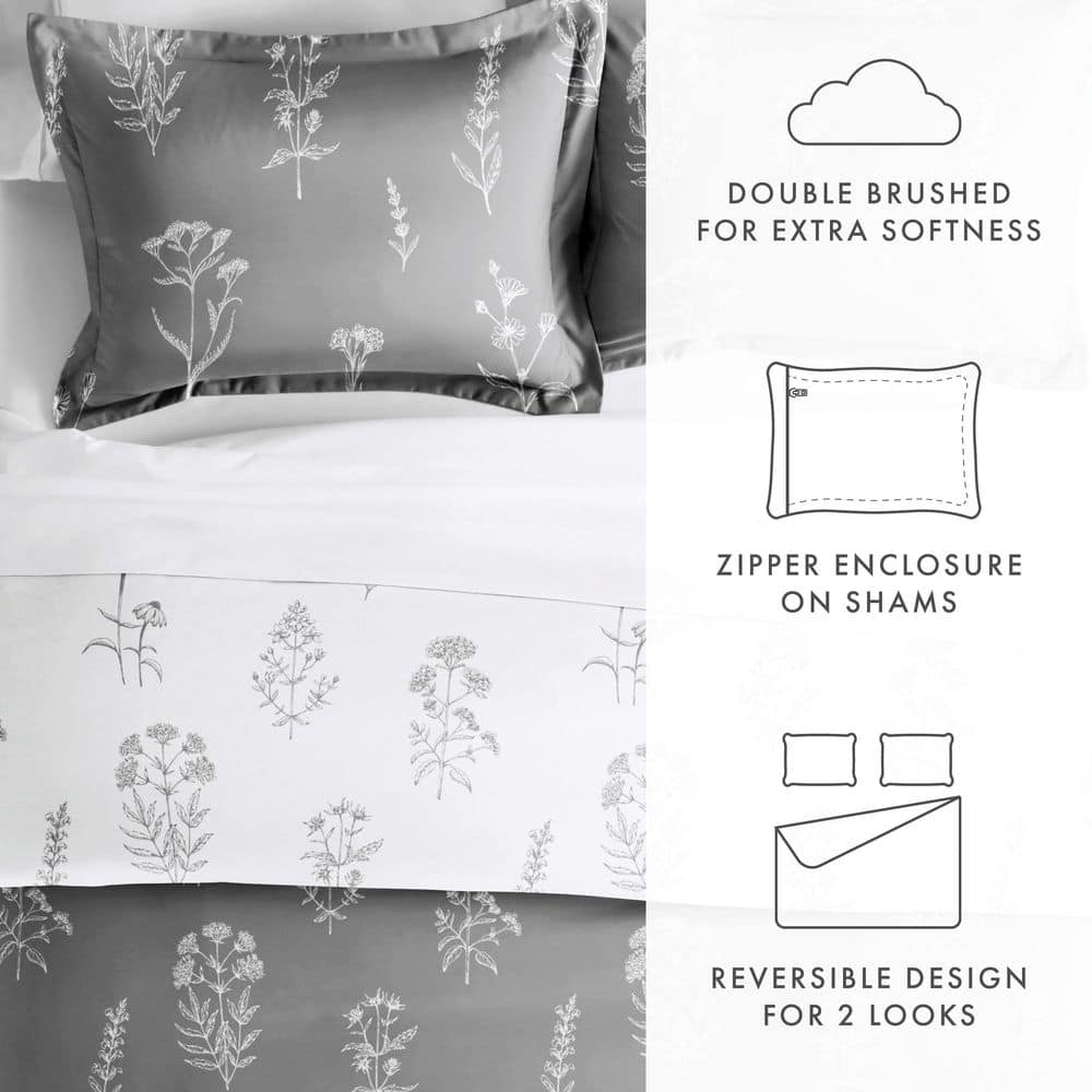 Light Gray Floral Microfiber Full/Queen Duvet Cover Set