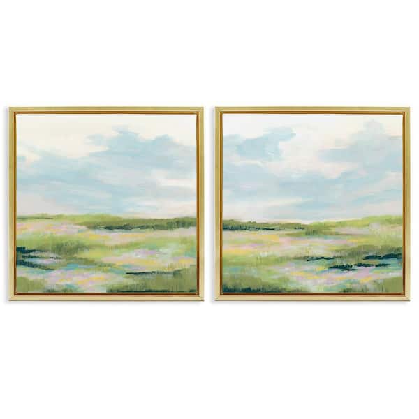 Pastel Meadow under Blue Sky by June Erica Vess 2-Pieces Gold Floater Frame Nature Graphic Art Print 25 in. x 25 in.