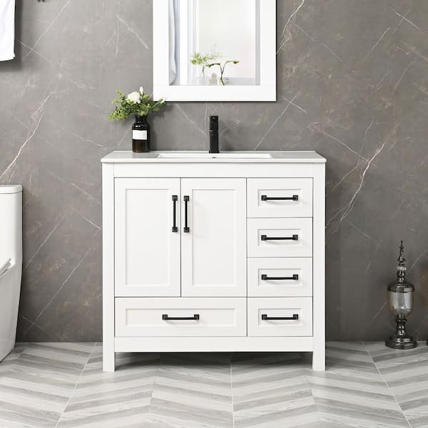 36 in. W x 18.3 in. D x 34 in. H Single Sink Freestanding White Bath Vanity with White Integrated Composite Resin Top
