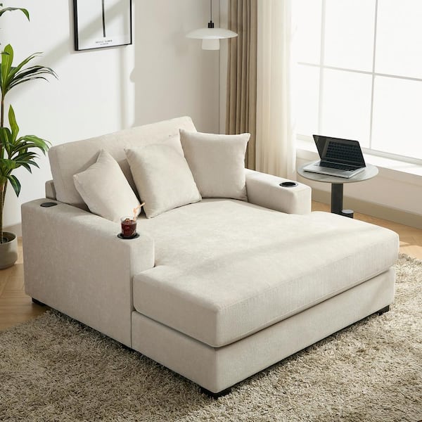 Harper & Bright Designs Cream 55 in. Chenille Oversized Squre Arm Chaise Lounge with 3 Pillows, Charge Station and Cup Holders