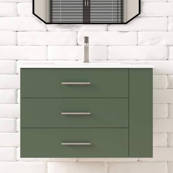 Rita 30.25 in. Single Sink Wallmount Bath Vanity with White Ceramic Countertop in Forest Green with Right Side Shelf
