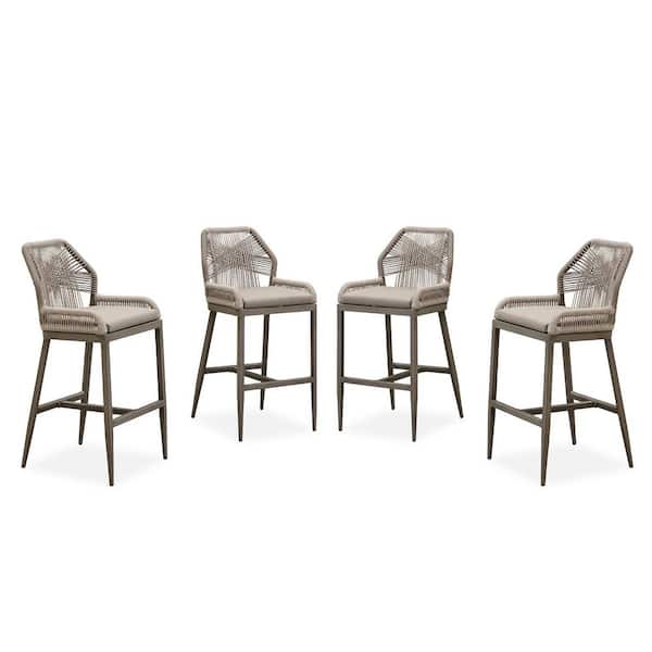 Modern Aluminum Twill Wicker Woven Bar Height Outdoor Bar Stool with Back and Sunbrella Taupe Cushion (4-Pack)