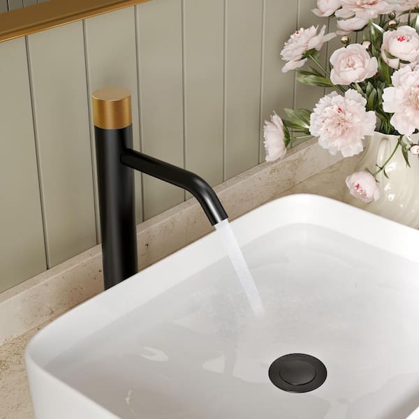 12 in. Height Mid-Arc Single Handle Single Hole Vessel Sink Faucet Spot Resist in Matte Black and Gold Drain Included