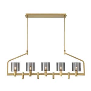 Decato 5-Light Brushed Gold Linear Chandelier with Smoke Glass Shades