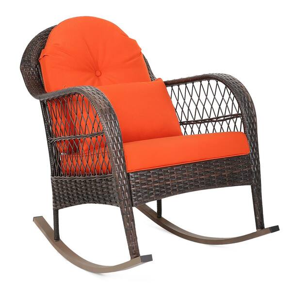 Gymax Rattan Wicker Outdoor Patio Furniture Rocking Chair With Orange Cushion Gym07072 The Home Depot Gymax Rattan Wicker Outdoor Patio, Outdoor Rocking Chair Cushions Home Depot