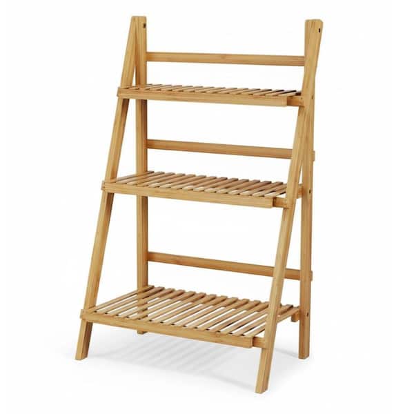 3-Tier Natural Wood Foldable Ladder Shelf Flower Pot Plant Stand