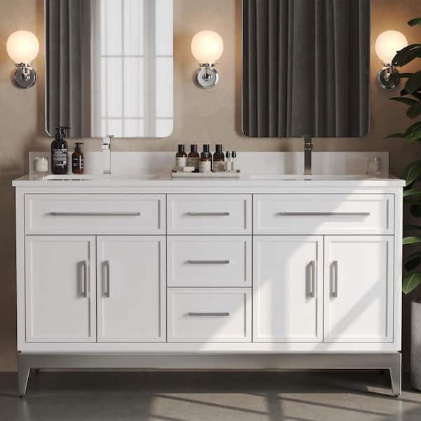 Barrington 63in. Double Freestanding White Bath Vanity with White Quartz Top