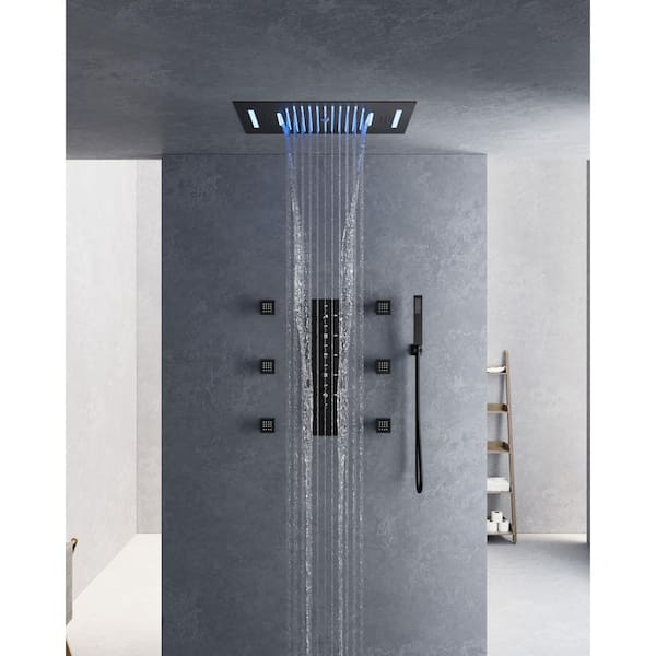 YAWWALK Thermostatic 5-Spray 23 x 15 in. Square LED Mood Lighting Bluetooth Music Shower System with Valve in Matte Black