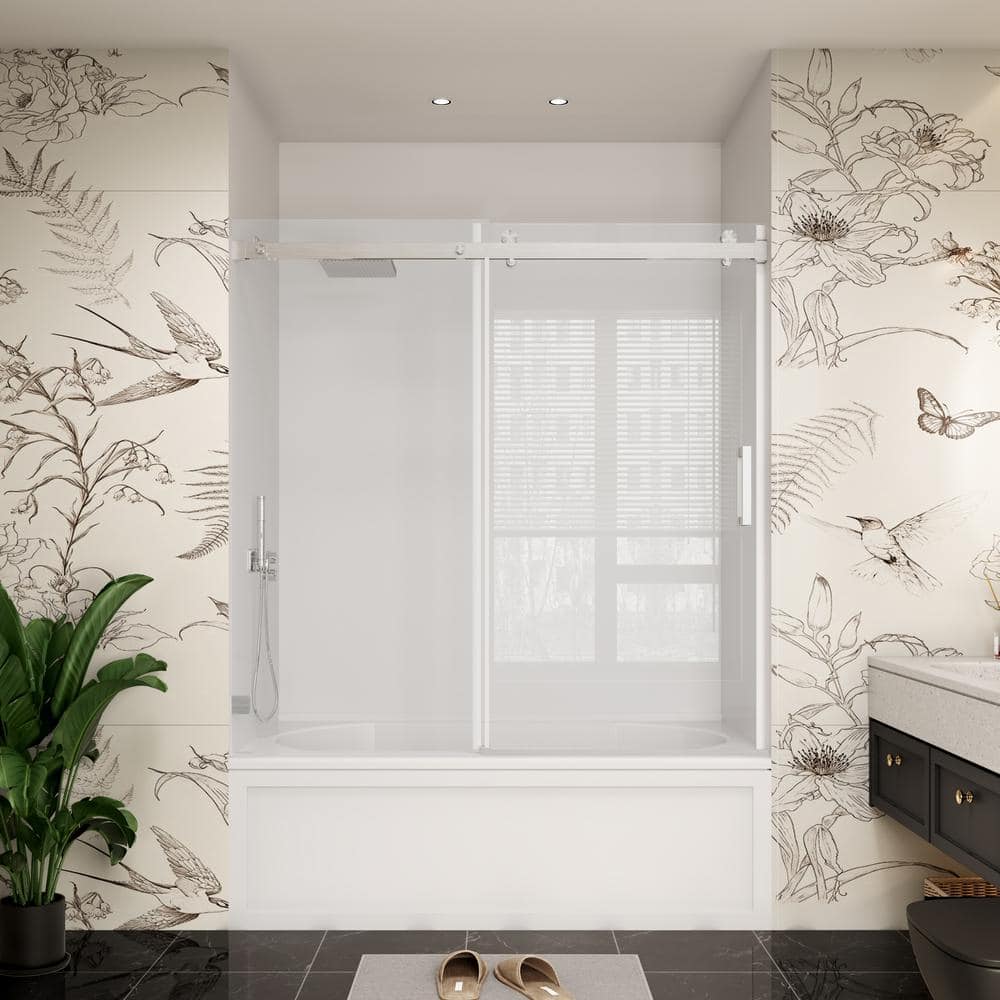 60 in. W x 66 in. H Single Sliding Frameless Soft Close Bypass Bath Tub Door in Brushed Nickel with 3/8 in. Clear Glass price history on PriceWatchPro
