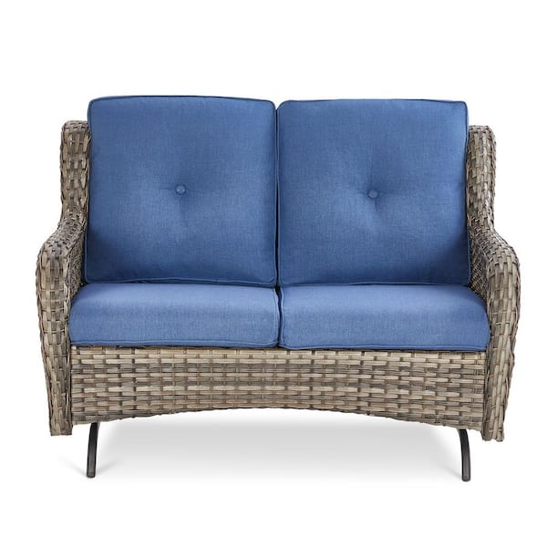 Gymojoy Carolina Patio 2-Person Gray Wicker Rocking Bench Outdoor Loveseat Glider with High Back and Deep Seat, Blue Cushions