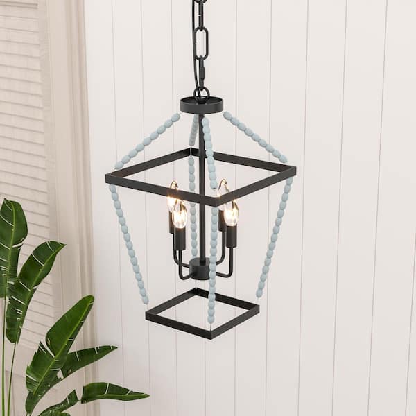 Maxax Hartford 4 -Light Black / Blue Lantern Square Chandelier With Bead