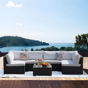 7-Piece PE Rattan Wicker Outdoor Sectional Patio Furniture Conversation Set with Beige Cushions and 2-Pillow for Garden