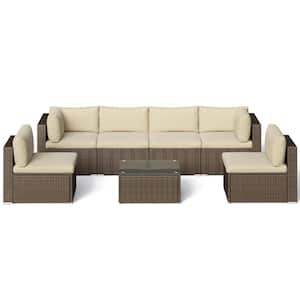 Outdoor Brown Frame 7-Piece Wicker Outdoor Sectional Set with Beige Cushion
