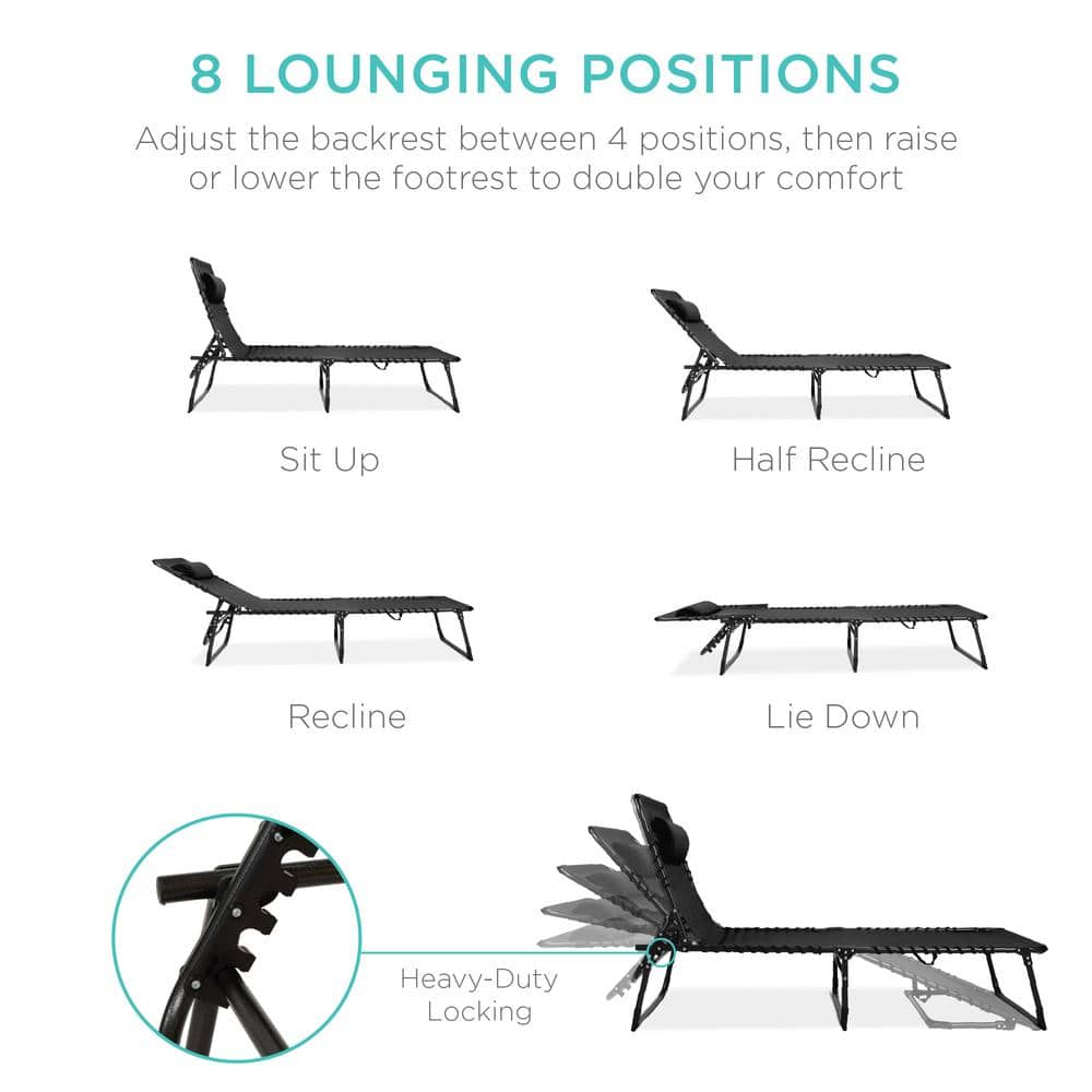 Black Adjustable Folding Outdoor Chaise Lounge Chair with Cushions