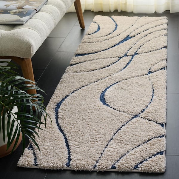 Florida Shag 2 ft. x 19 ft. Cream/Blue Wave Runner Rug