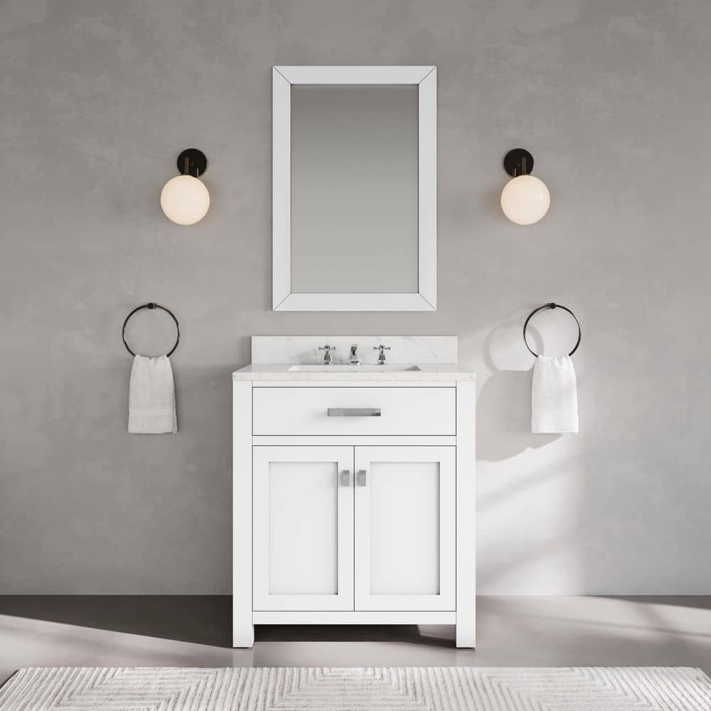 Madison 30 in. W x 21.5 in. D x 34 in. H Single Sink Bath Vanity in Pure White with Carrara White Marble Top and Mirror price history on PriceWatchPro