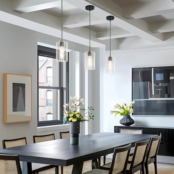 Modern 1-light Matte Black Pendant Light with Cylinder Striped Glass Shade, Hand-blown Hanging Lamp for Dining Room
