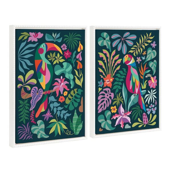 Kate and Laurel Sylvie Tropical Bird Framed Canvas Wall Art 2-Piece White 18.00 in. x 24.00 in.