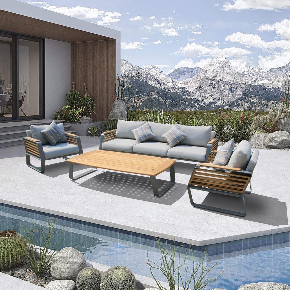 Palazzolo 4-Piece Teak Hardwood Patio Conversation Set with Gray Cushions