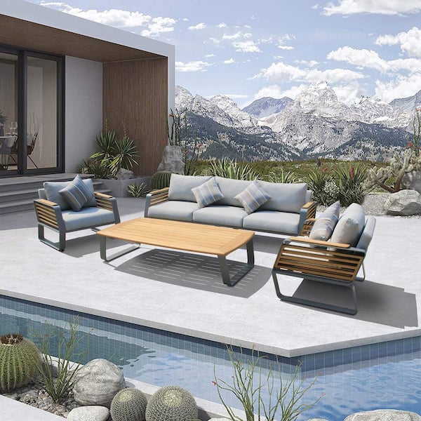 DEKO LIVING Palazzolo 4-Piece Teak Hardwood Patio Conversation Set with Gray Cushions