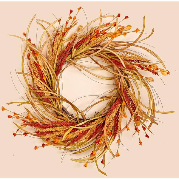 Unbranded 22 in. Artificial Fall Grass and Flower Wreath