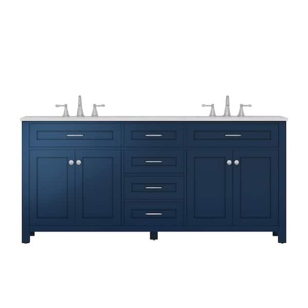 Alya Bath Norwalk 72 in. W x 34.2 in. H x 22 in. D Bathroom Vanity Side Cabinet in Blue with White Marble Top