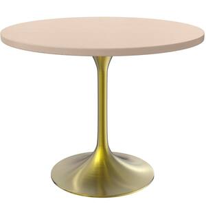 Verve Mid-Century Modern 36 in. Round Dining Table with MDF Top and Brushed Gold Pedestal Base, Light Natural Wood