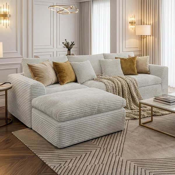 Quinley Modern 107 in. Square Arms 4-Piece Corduroy Modular Compressed Sectional Sofa in Off White with Ottoman