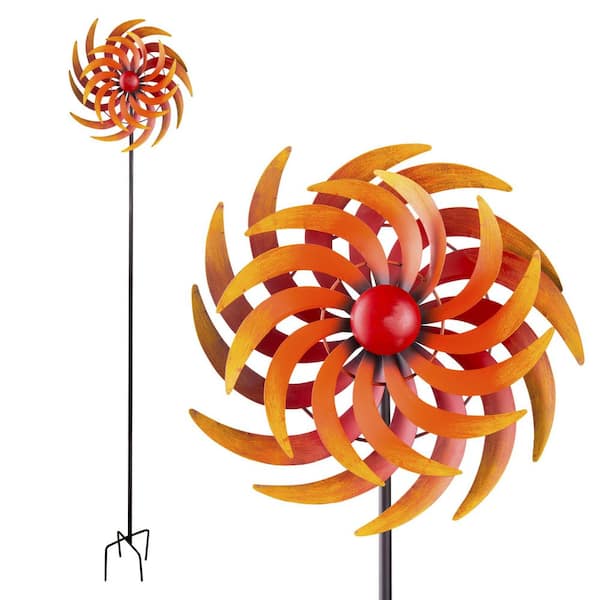 75 in. Tall Outdoor Dual Metal Rustic Garden Kinetic Wind Spinner Stake, Red and Orange