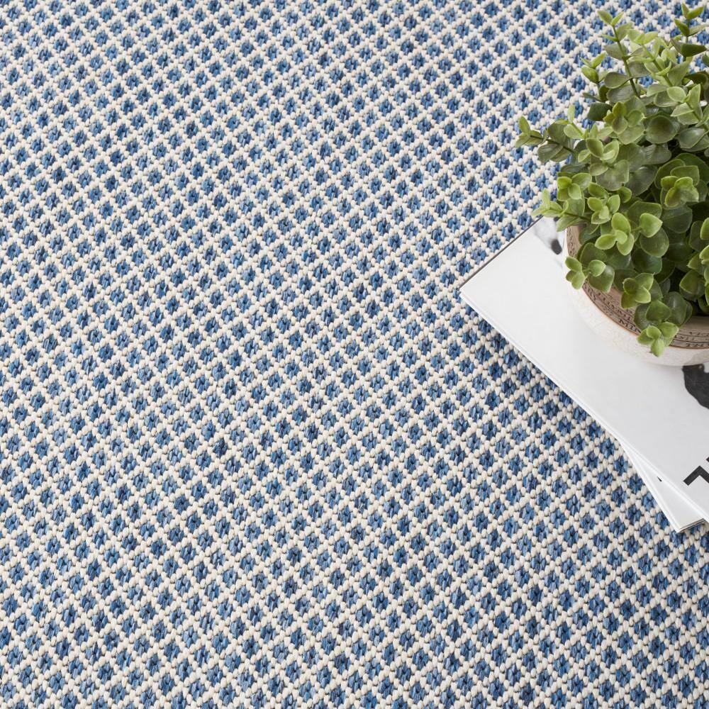 Ivory Blue Geometric 4' Square Synthetic Area Rug