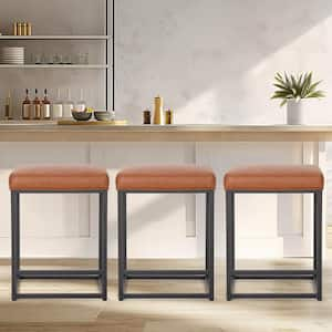 24 in. Brown Faux Leather Rectangular Cushion Backless Bar Stool Metal Steel Frame Base with Footrest (Set-3)